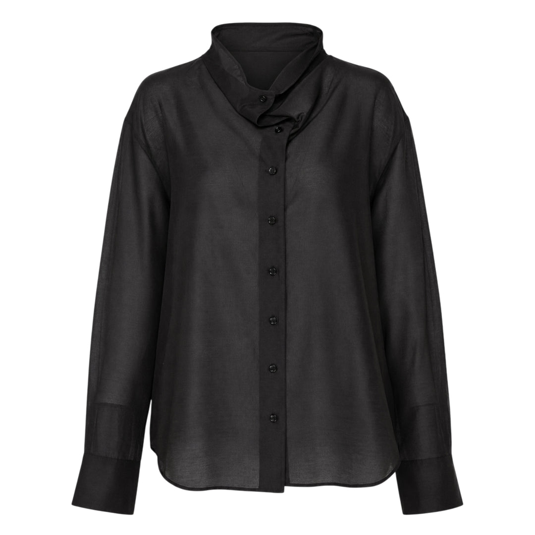 Club21 Collection sheer black long-sleeve button-up blouse with draped gathered collar and wide contrast cuffs, displayed flat on a white background