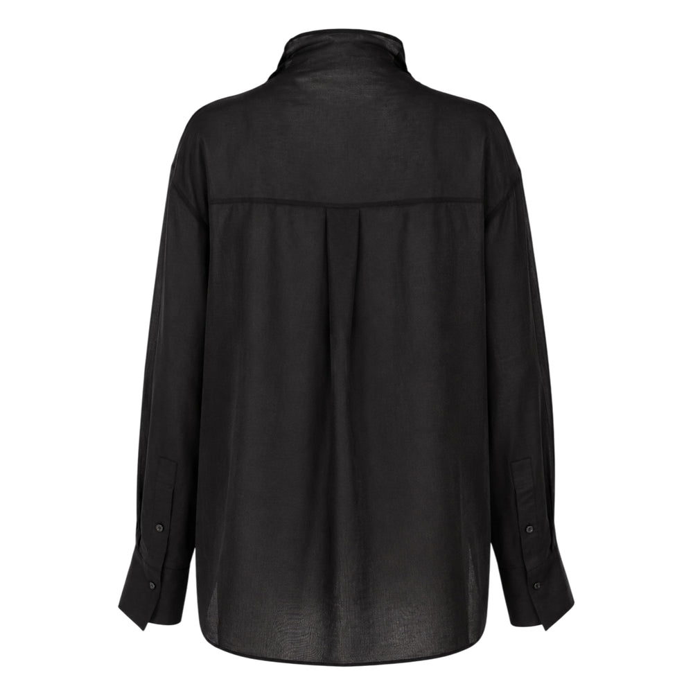 Club21 Collection sheer black long-sleeve button-up blouse with draped gathered collar and wide contrast cuffs, displayed flat on a white background