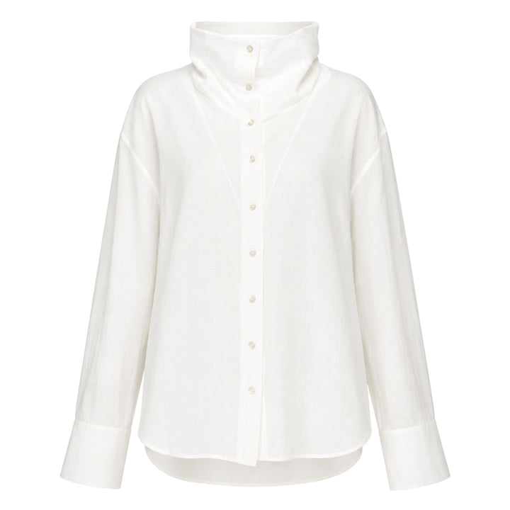 Club21 Collection sheer black long-sleeve button-up blouse with draped gathered collar and wide contrast cuffs, displayed flat on a white background