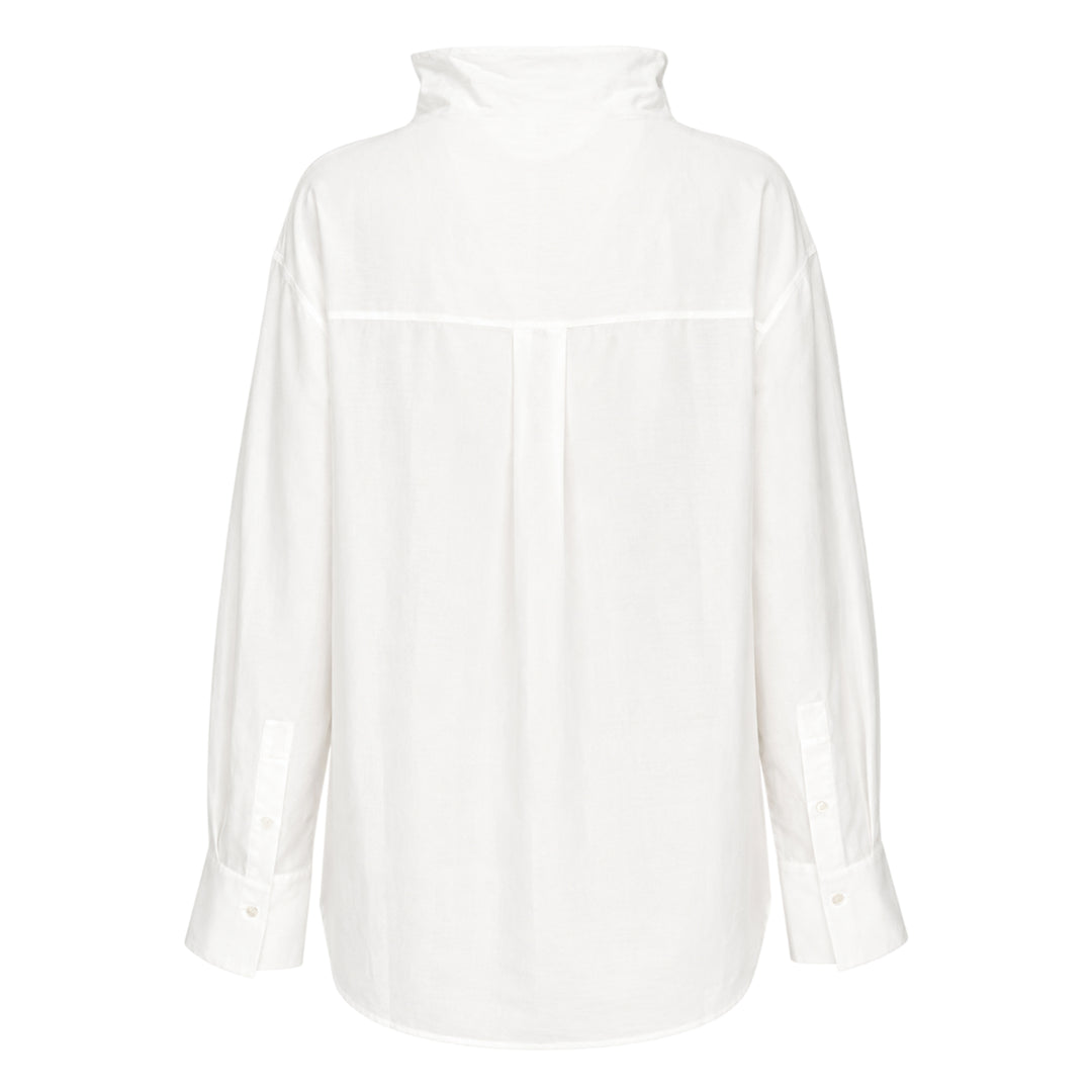 Club21 Collection sheer black long-sleeve button-up blouse with draped gathered collar and wide contrast cuffs, displayed flat on a white background