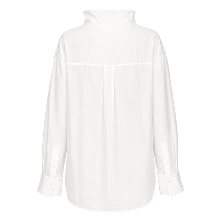Club21 Collection sheer black long-sleeve button-up blouse with draped gathered collar and wide contrast cuffs, displayed flat on a white background