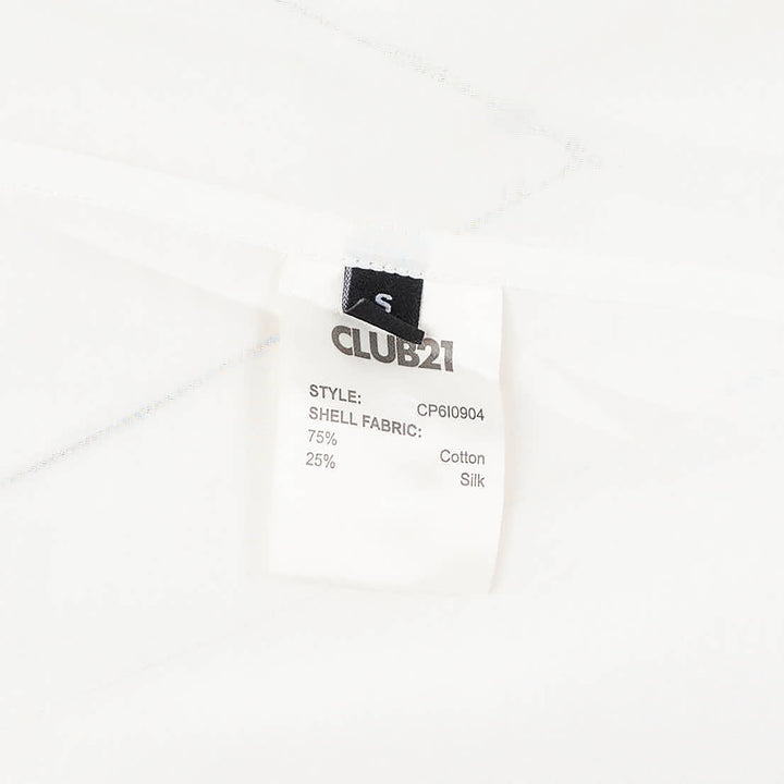 Club21 Collection sheer black long-sleeve button-up blouse with draped gathered collar and wide contrast cuffs, displayed flat on a white background