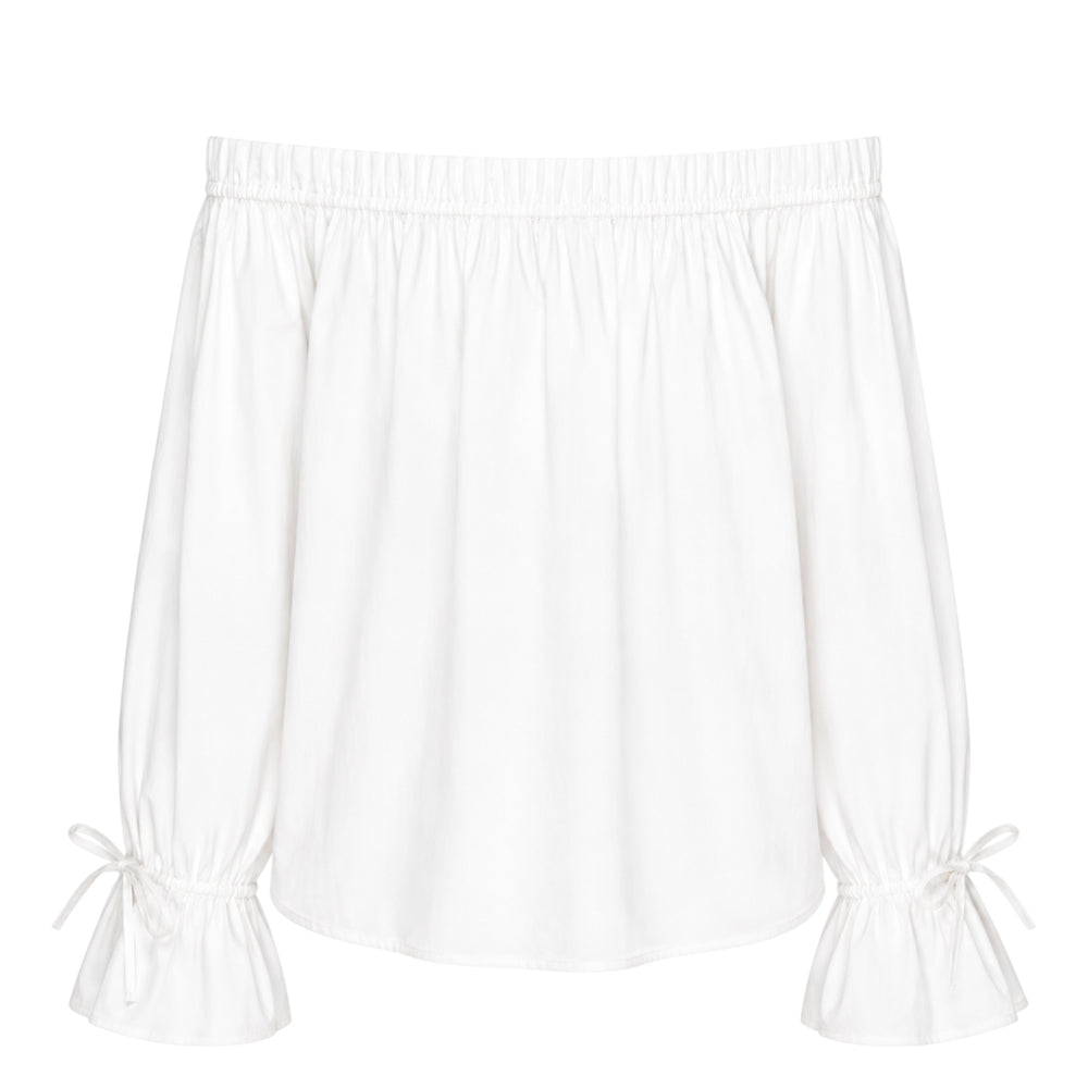 Club21 Collection Vita black cotton off-shoulder top with balloon sleeves and bow-tied flared ruffle cuffs, flat lay on white background
