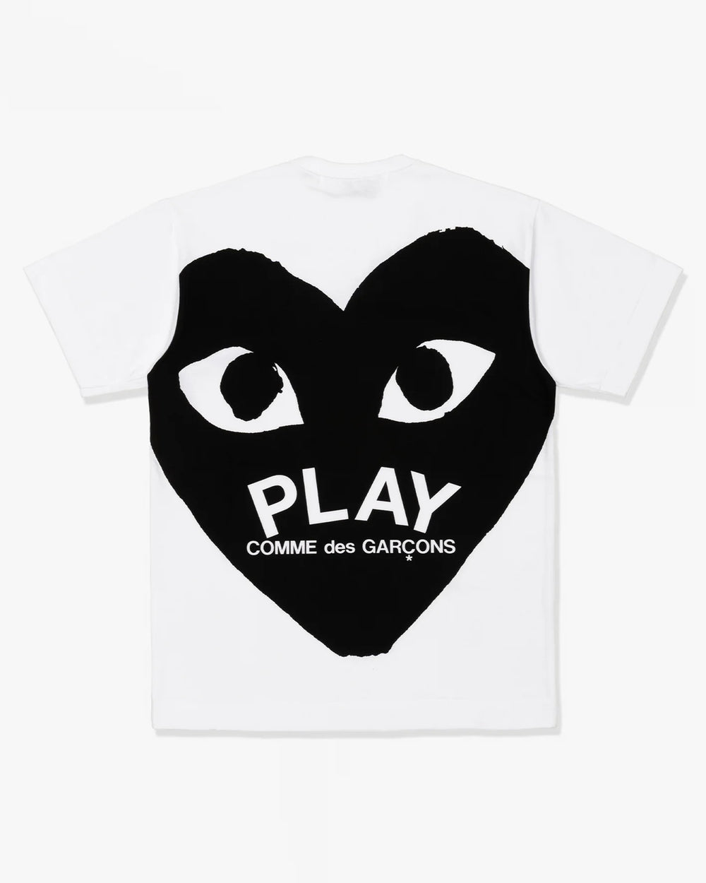 Comme des Garçons PLAY white short sleeve crew neck tee with black embroidered heart logo at the chest