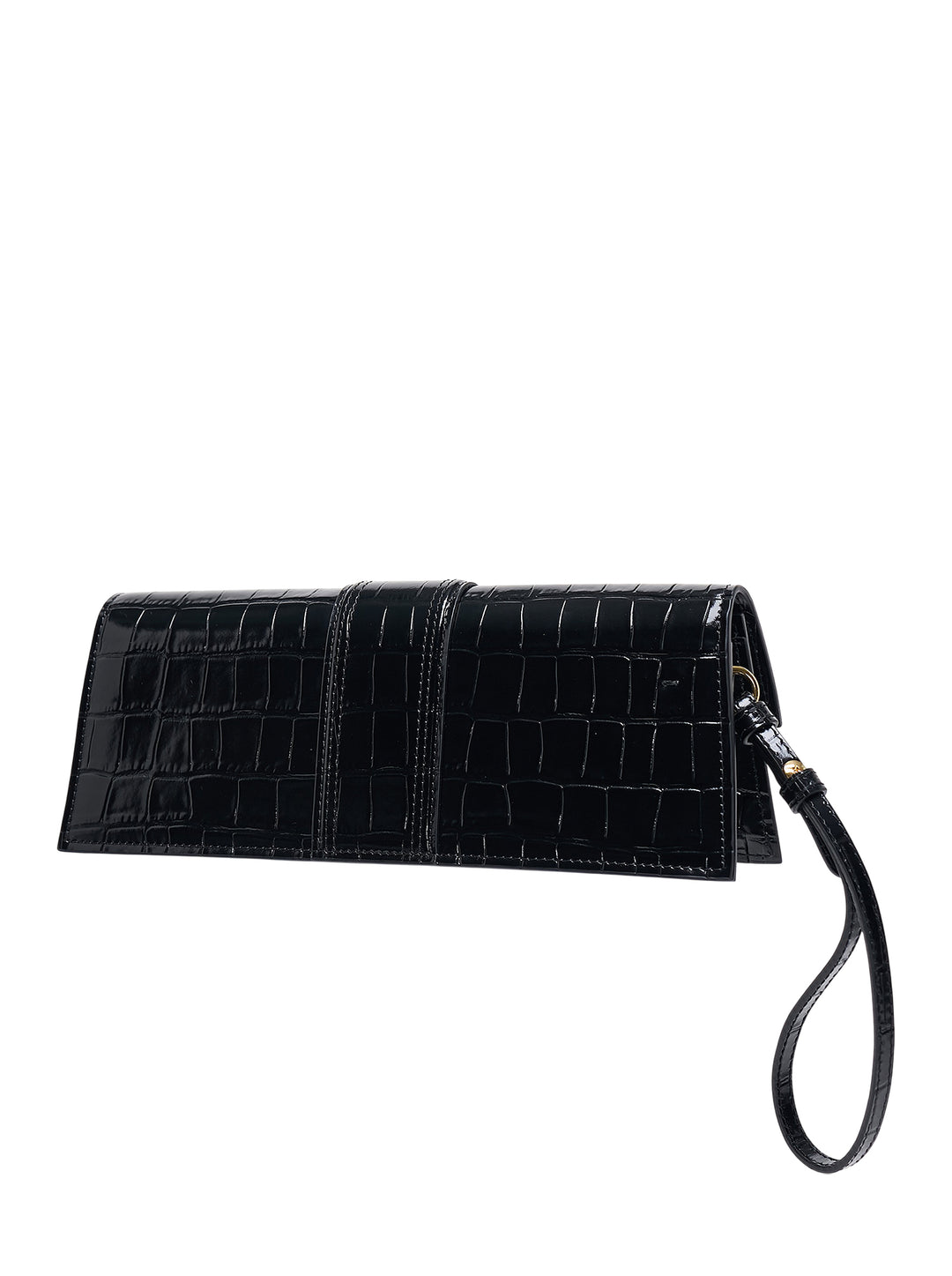 Jacquemus Le Bambino Long clutch in black glossy croc-embossed leather with front strap closure, gold logo lettering and wrist strap - view 2
