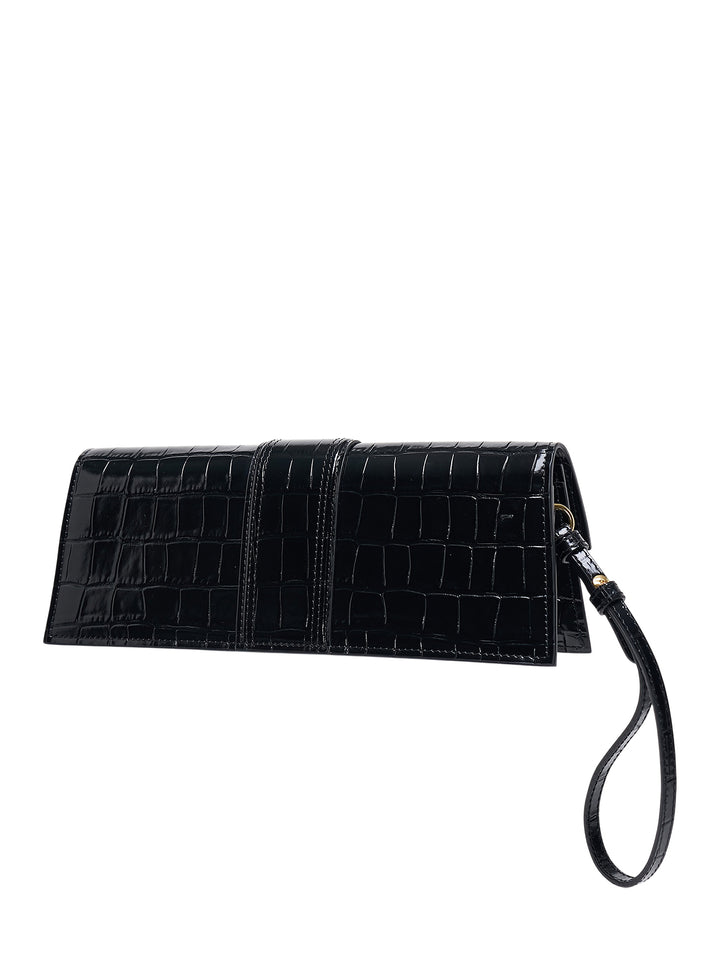 Jacquemus Le Bambino Long clutch in black glossy croc-embossed leather with front strap closure, gold logo lettering and wrist strap - view 2