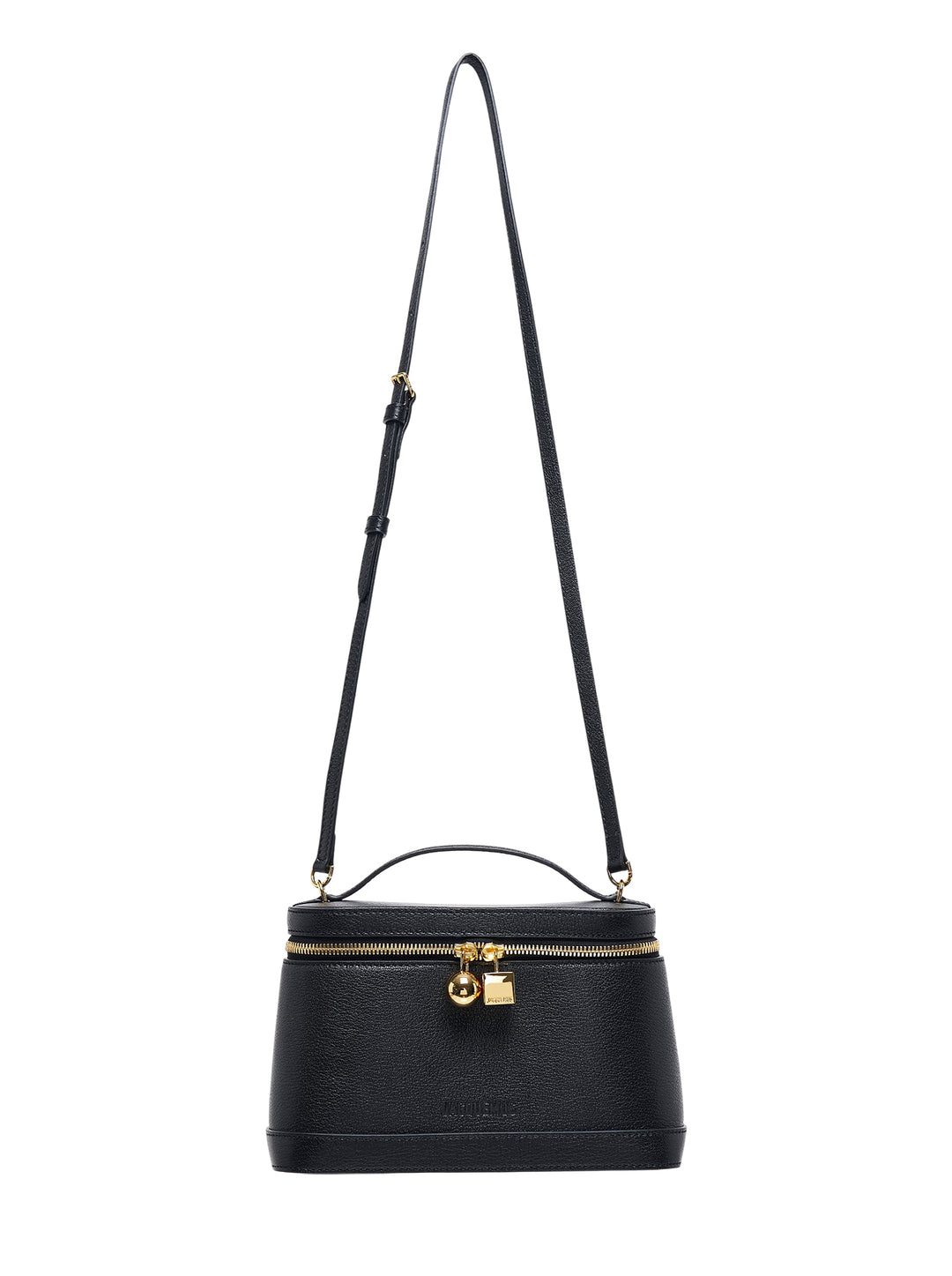 Jacquemus Le Petit Vanity bag in black grained leather with gold-tone zip, charms, top handle and long adjustable crossbody strap