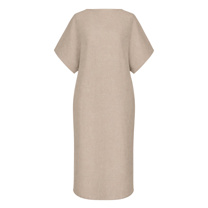 Jacquemus La Robe Poisson woven midi dress in natural beige, featuring a cocoon silhouette, angular short sleeves, and a wide boat neckline — back view on white background