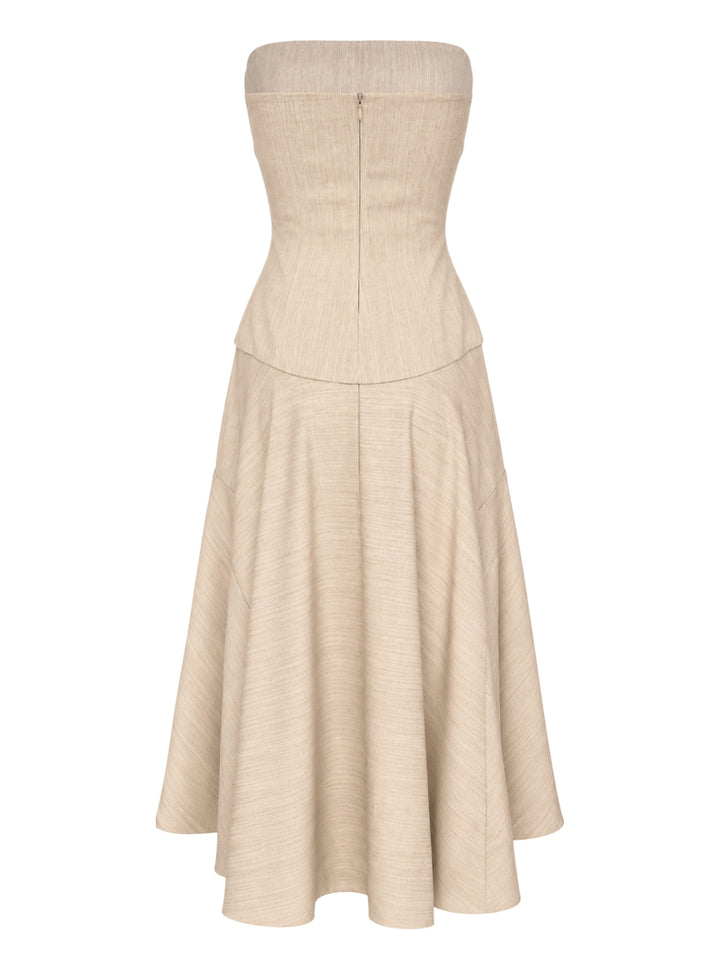Jacquemus La Robe Paradiso strapless woven midi dress in oatmeal with a fitted bodice and flared asymmetric skirt - view 2