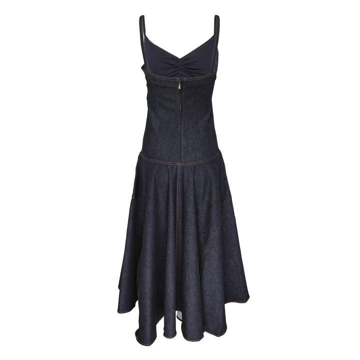 Jacquemus Pina dark indigo denim midi dress with ruched V-neckline, spaghetti straps, and a full drop-waist flared skirt with contrast topstitching, displayed on a plain white background - view 2