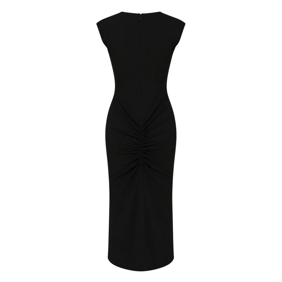 Jacquemus Alba sleeveless black woven midi dress with round neckline, structured shoulders, and body-skimming silhouette, shown from the front against a white background - view 2