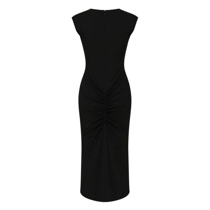 Jacquemus Alba sleeveless black woven midi dress with round neckline, structured shoulders, and body-skimming silhouette, shown from the front against a white background - view 2