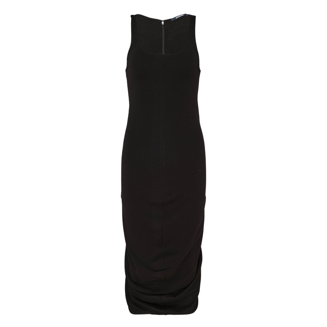 Jacquemus La Robe Regata black sleeveless jersey midi dress with ruched hem and back zip closure, shown from the back