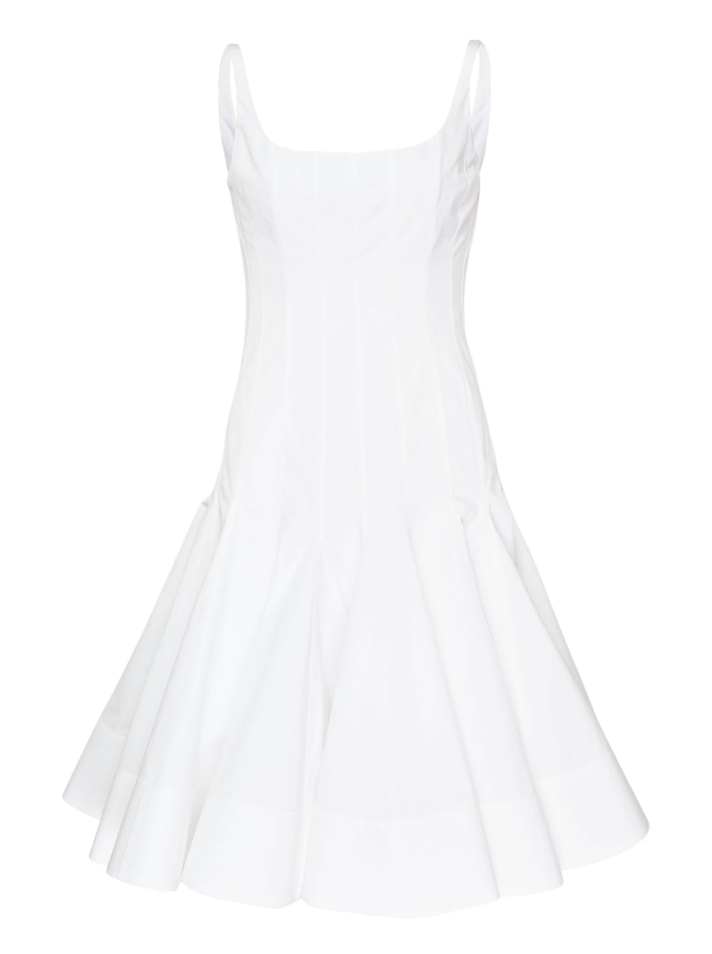 Jacquemus Agave Mini Woven Dress in white, featuring a fitted corset bodice with shaped seaming, wide shoulder straps, and a dramatically flared pleated skirt