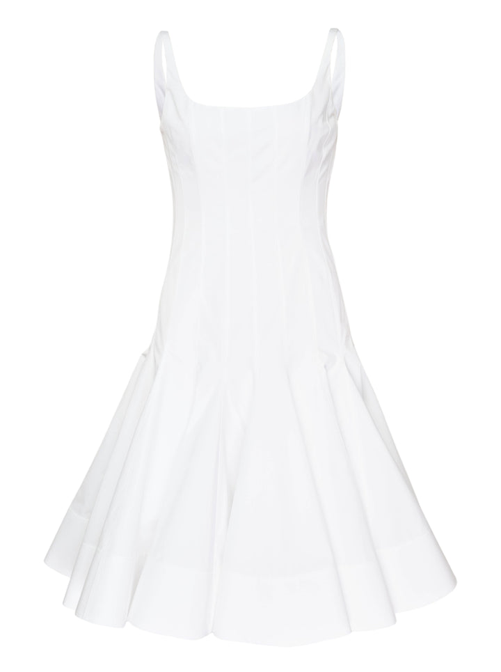 Jacquemus Agave Mini Woven Dress in white, featuring a fitted corset bodice with shaped seaming, wide shoulder straps, and a dramatically flared pleated skirt