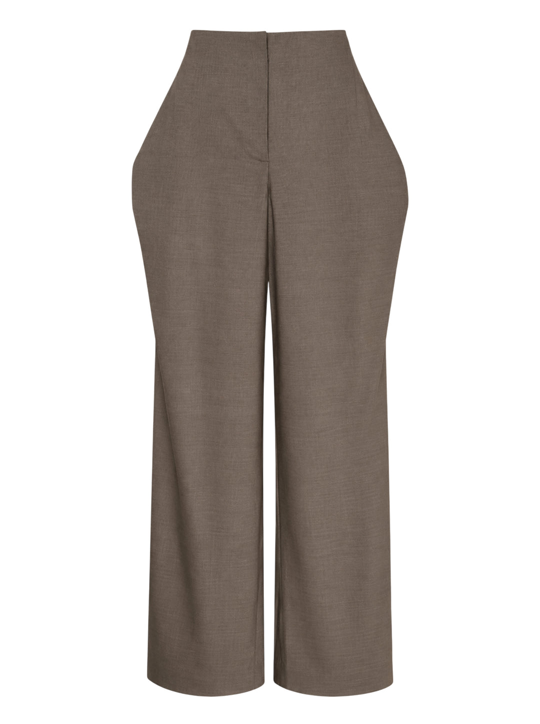Jacquemus Le Pantalon Cubisto high-waisted wide-leg trousers in taupe-brown woven fabric with sculpted curved side seams, shown from the front