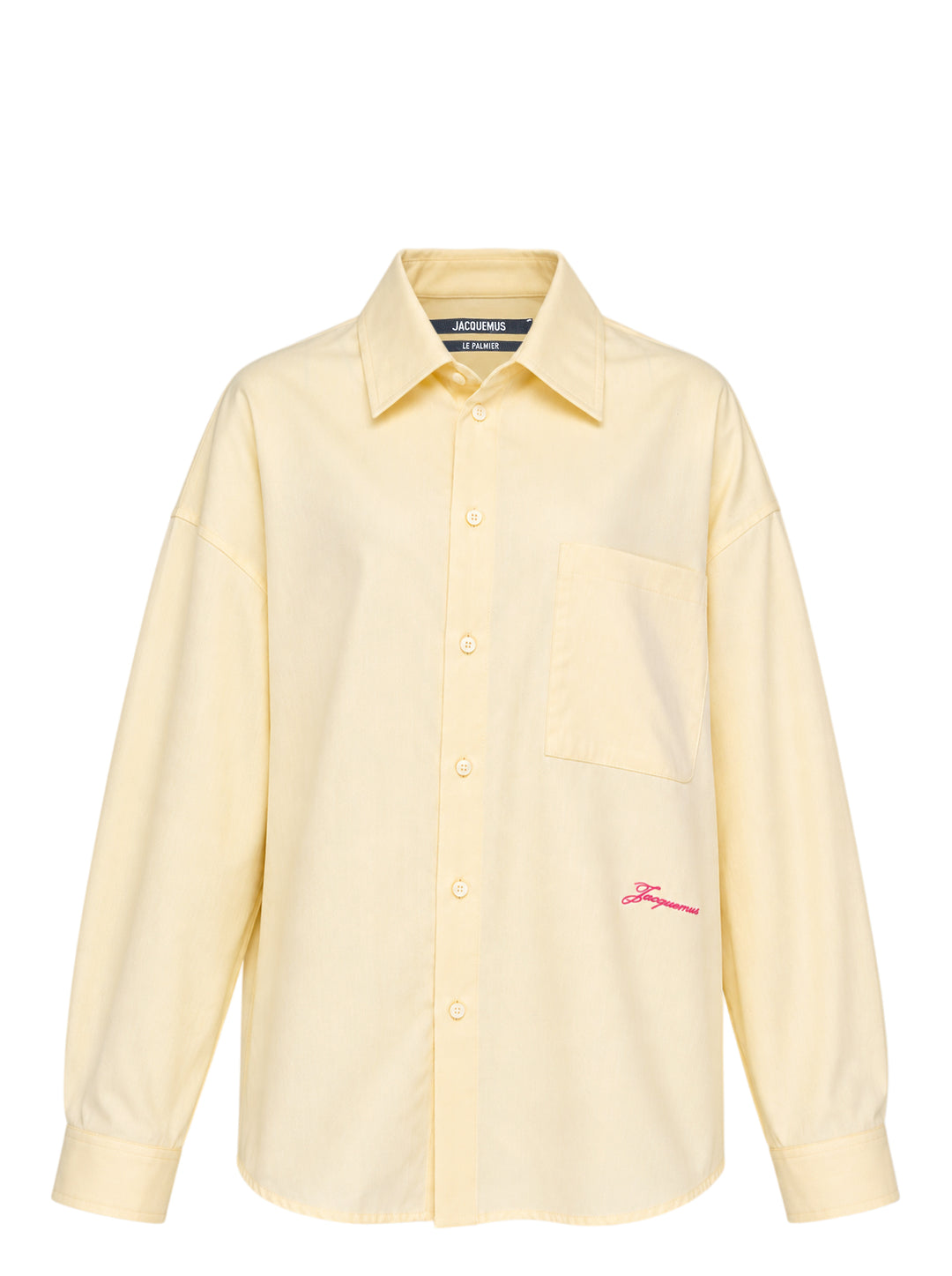 Jacquemus oversized pale yellow button-down shirt with chest patch pocket and pink script logo embroidery at the hem