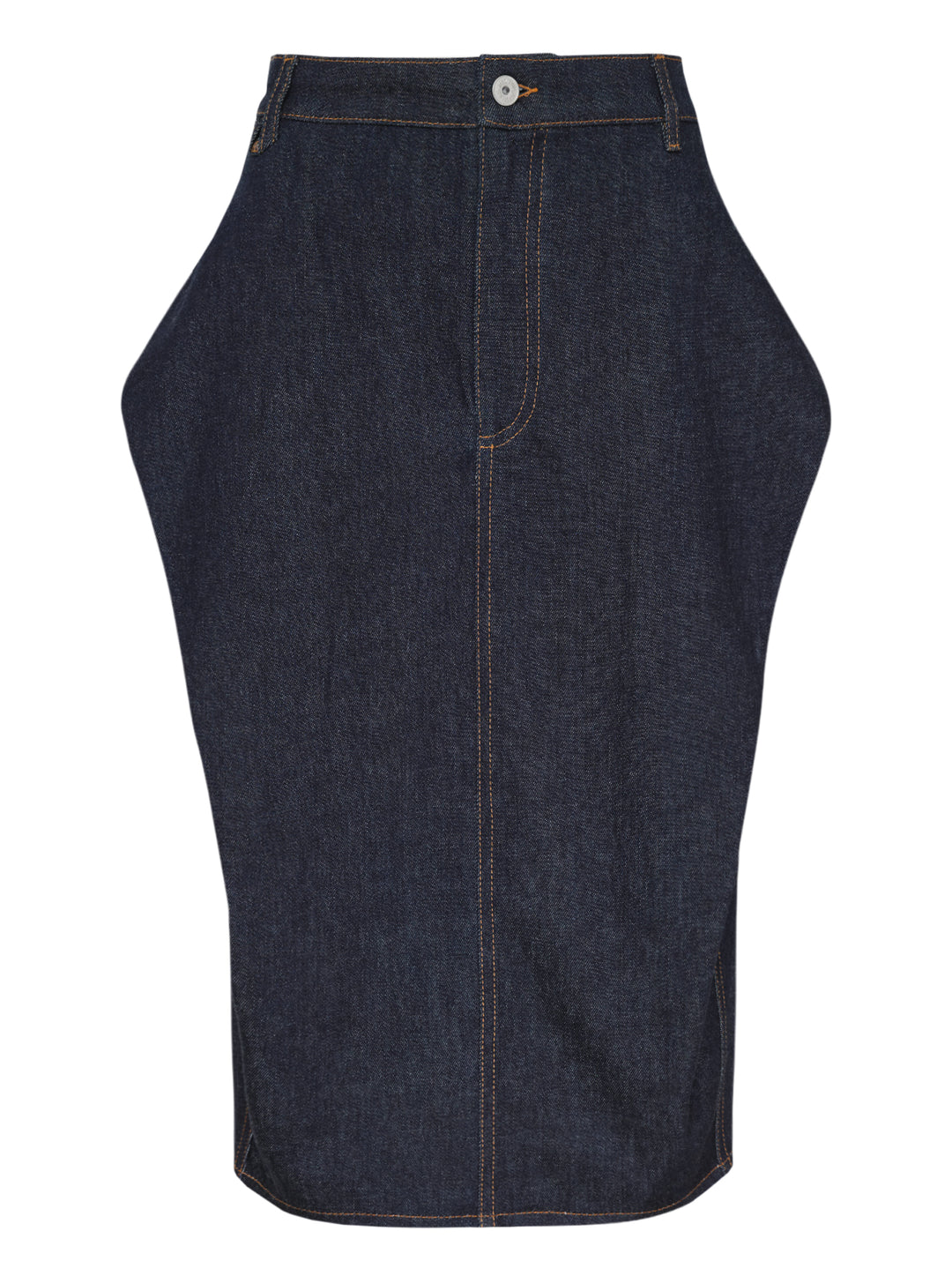 Jacquemus La Jupe Cubisto dark indigo denim midi skirt with sculpted curved silhouette, contrast topstitching and button fly