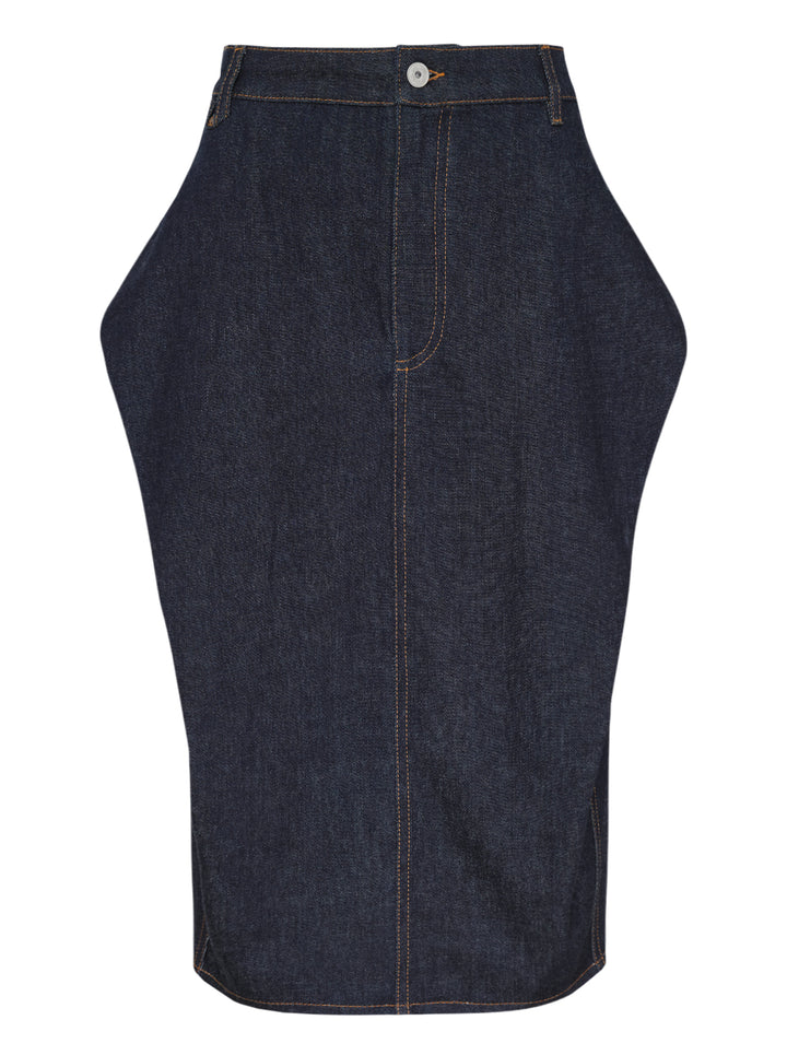 Jacquemus La Jupe Cubisto dark indigo denim midi skirt with sculpted curved silhouette, contrast topstitching and button fly