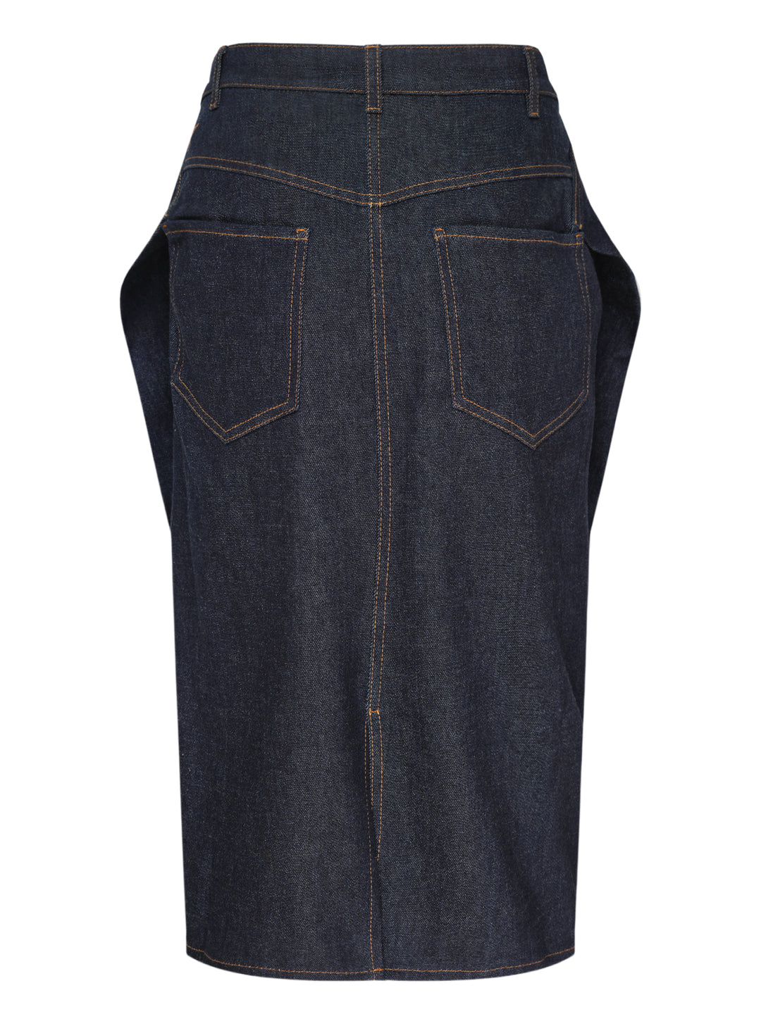Jacquemus La Jupe Cubisto dark indigo denim midi skirt with sculpted curved silhouette, contrast topstitching and button fly - view 2