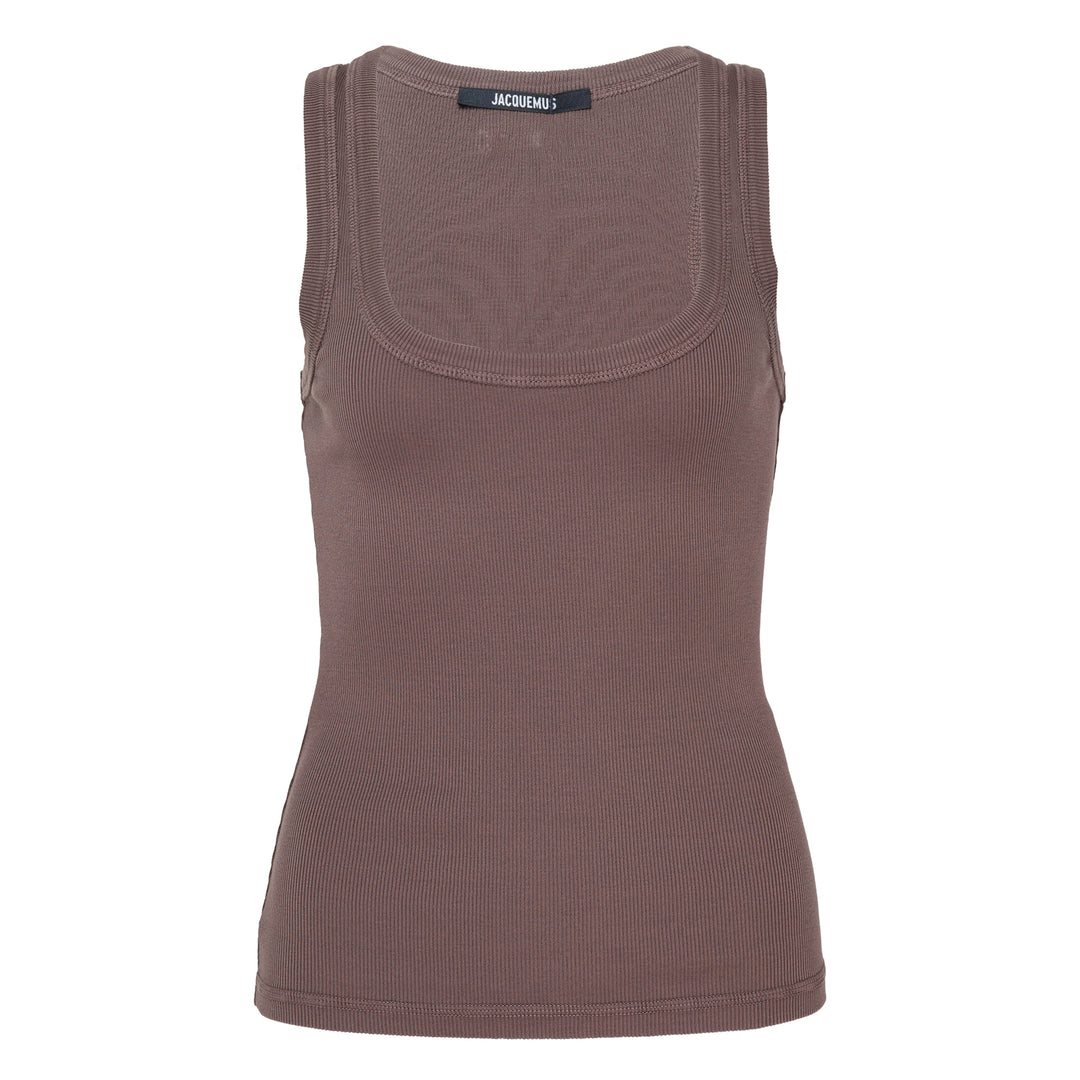 Jacquemus gros grain ribbed jersey tank top in mauve, featuring a deep scoop neckline, structured straps, and a woven brand label at the back neck