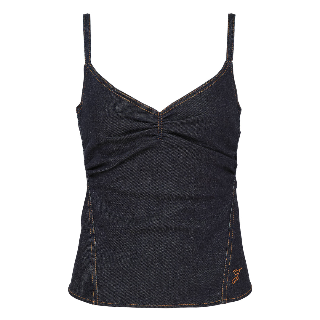 Jacquemus Pina dark indigo denim tank top with V-neckline, central ruched twist detail, slim spaghetti straps, contrast amber topstitching, and embroidered script logo at the hem