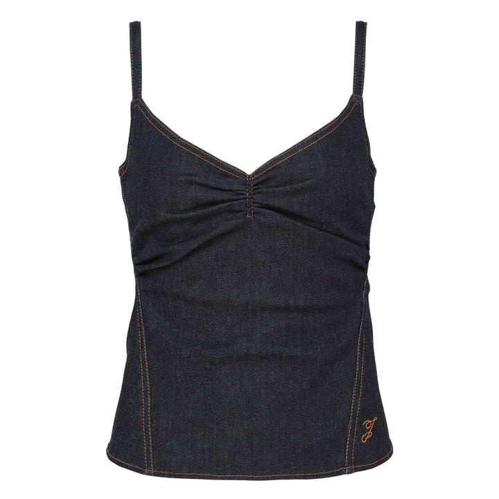 Jacquemus Pina dark indigo denim tank top with V-neckline, central ruched twist detail, slim spaghetti straps, contrast amber topstitching, and embroidered script logo at the hem