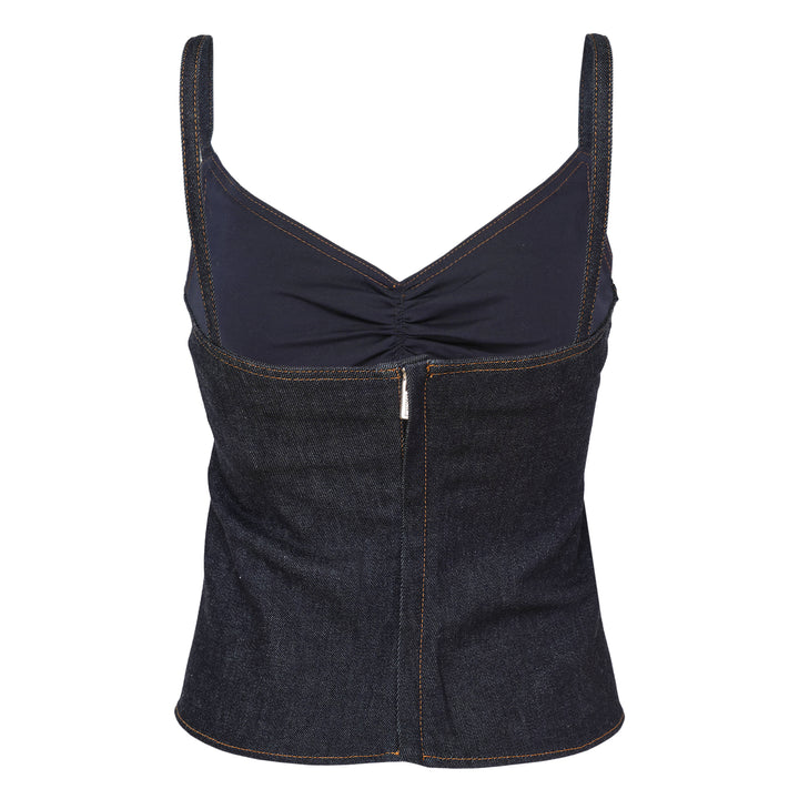 Jacquemus Pina dark indigo denim tank top with V-neckline, central ruched twist detail, slim spaghetti straps, contrast amber topstitching, and embroidered script logo at the hem - view 2