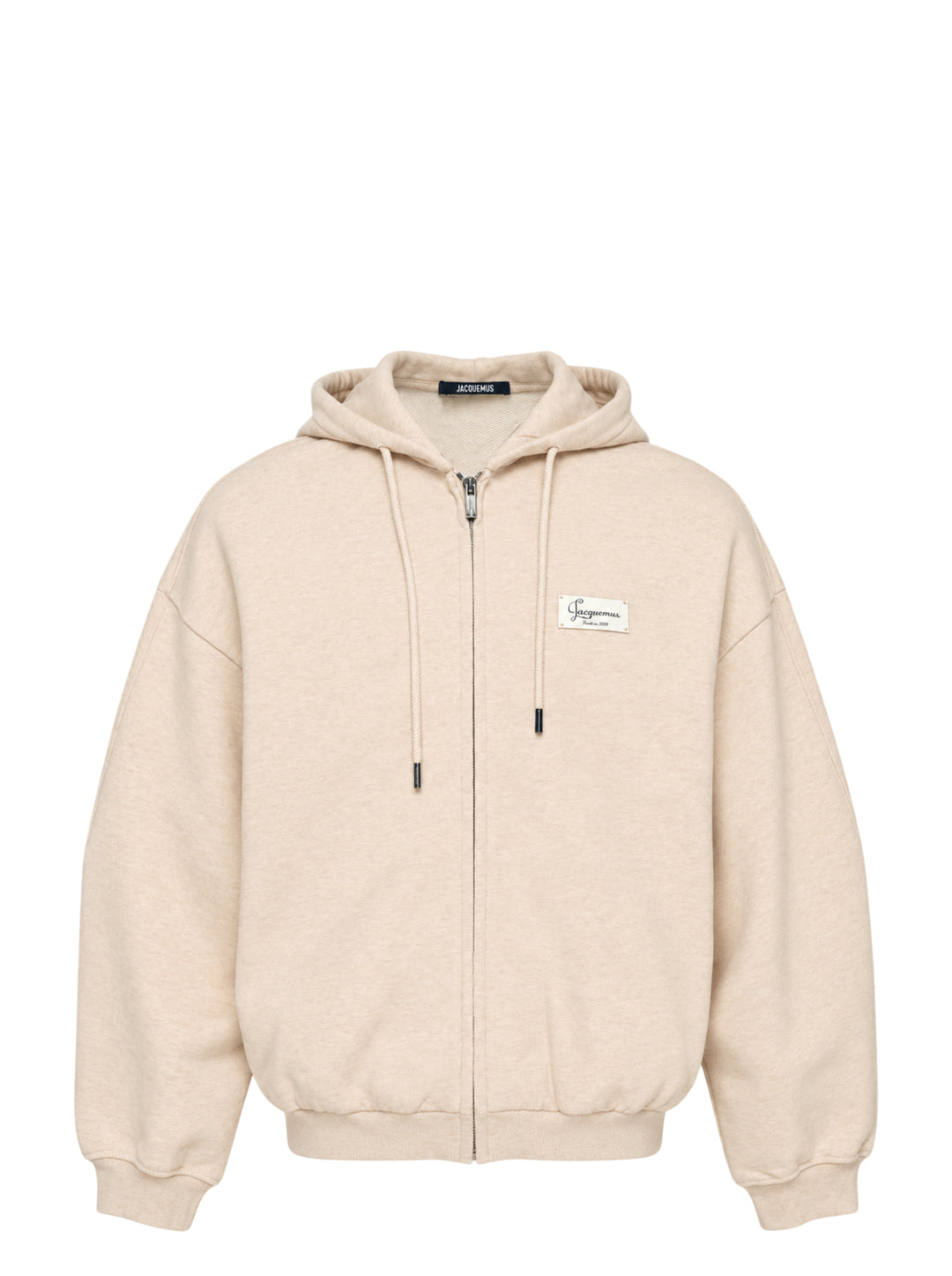 Jacquemus Montaigne oversized zip-up hoodie in beige with drawstring hood, ribbed cuffs and woven chest label