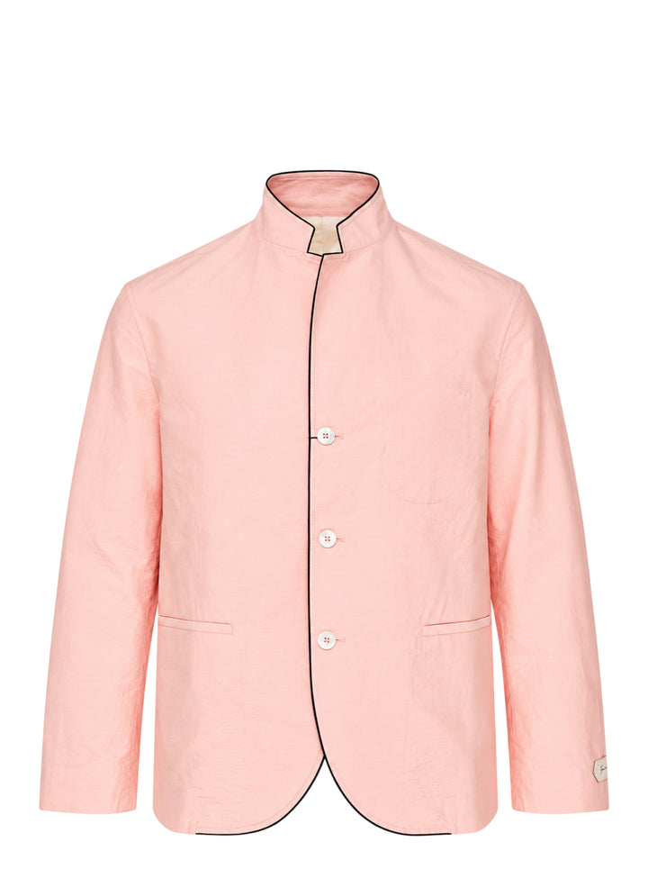 Jacquemus La Veste Palmier pink stand-collar jacket with black contrast piping, three mother-of-pearl buttons and a curved hem