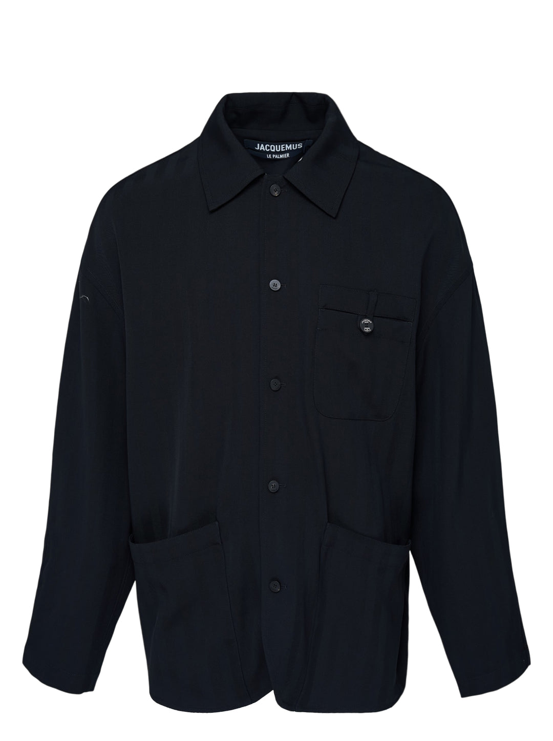 Jacquemus La Veste Strada black button-up chore jacket with chest pocket and two oversized front patch pockets