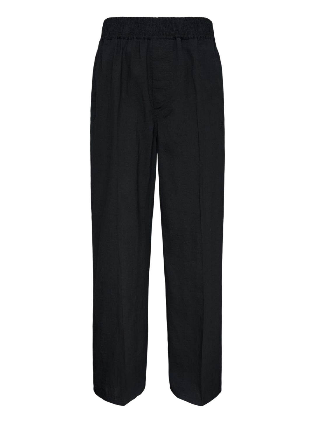 Jacquemus Le Pantalon Miami black wide-leg trousers with smocked elasticated waistband and pressed centre crease, front view