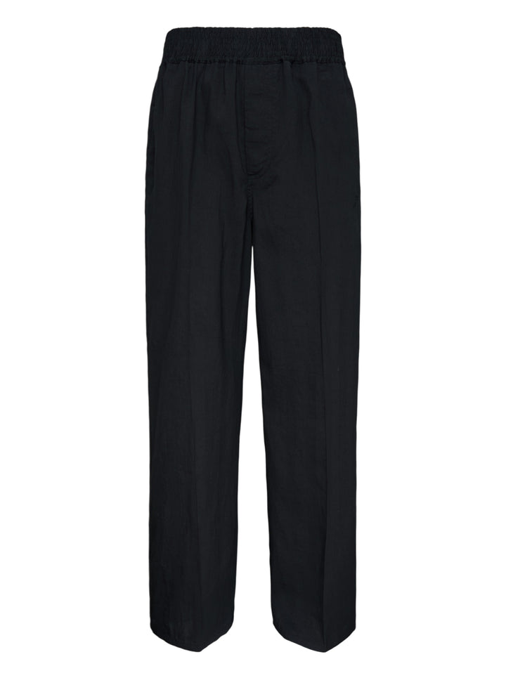 Jacquemus Le Pantalon Miami black wide-leg trousers with smocked elasticated waistband and pressed centre crease, front view