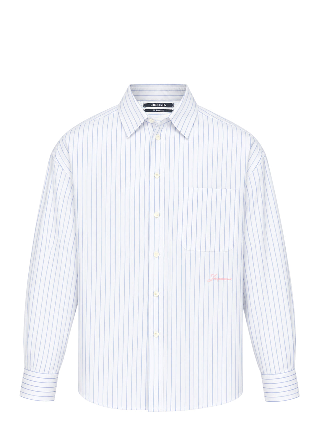 Jacquemus Cuadro long sleeve shirt in white with blue pinstripes, chest pocket and pink script logo embroidery