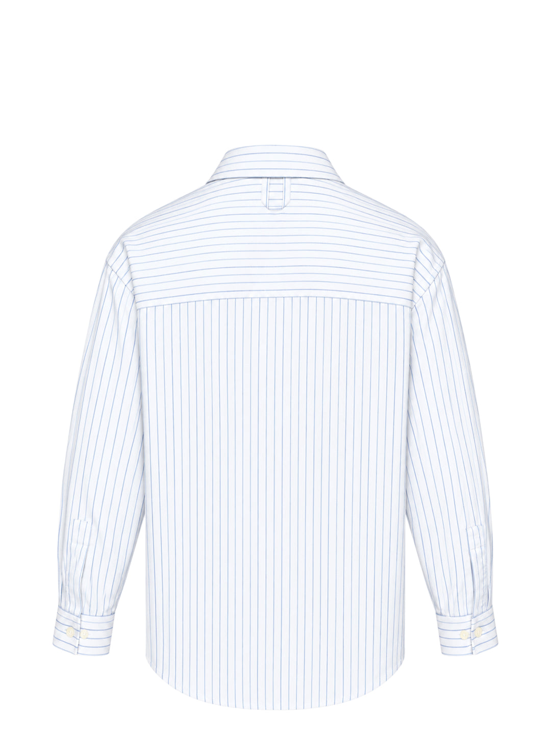 Jacquemus Cuadro long sleeve shirt in white with blue pinstripes, chest pocket and pink script logo embroidery - view 2