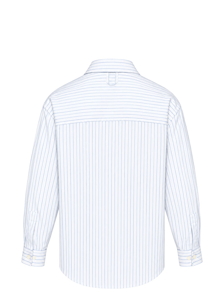 Jacquemus Cuadro long sleeve shirt in white with blue pinstripes, chest pocket and pink script logo embroidery - view 2