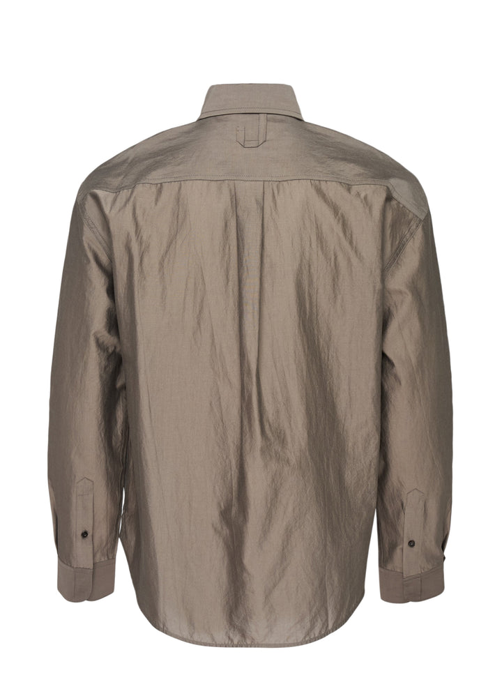 Jacquemus Simon long sleeve shirt in taupe with a lustrous crinkled finish, concealed button placket and small script embroidery at the hem - view 2
