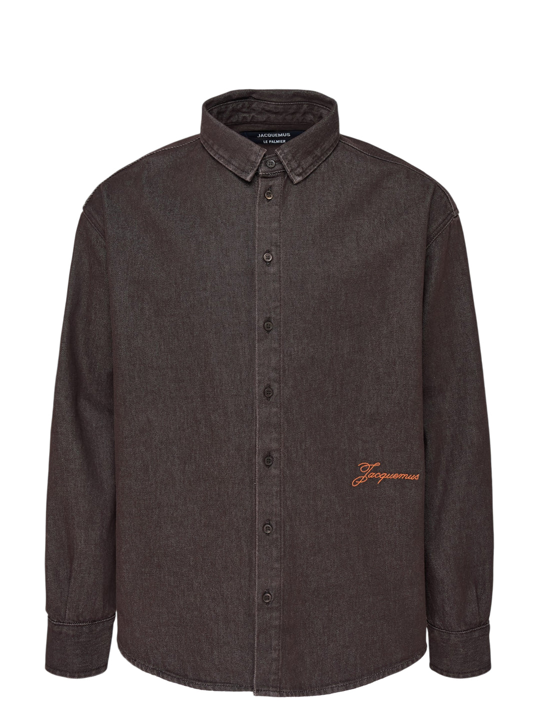 Jacquemus Simon long sleeve denim shirt in washed brown with button-down collar and orange embroidered script logo