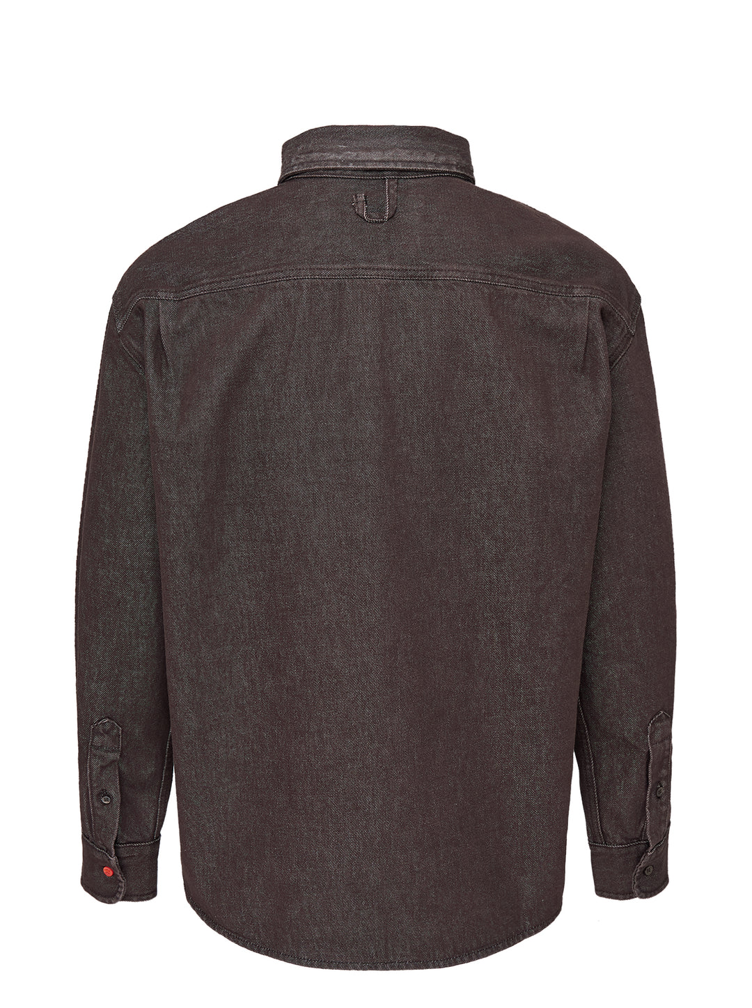 Jacquemus Simon long sleeve denim shirt in washed brown with button-down collar and orange embroidered script logo - view 2