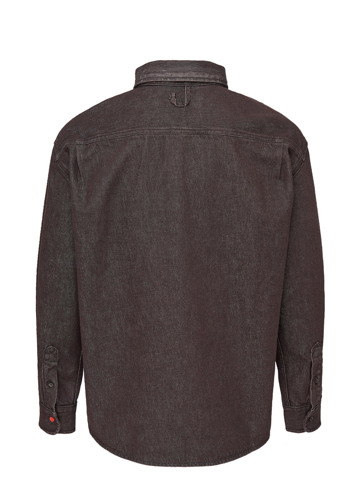 Jacquemus Simon long sleeve denim shirt in washed brown with button-down collar and orange embroidered script logo - view 2