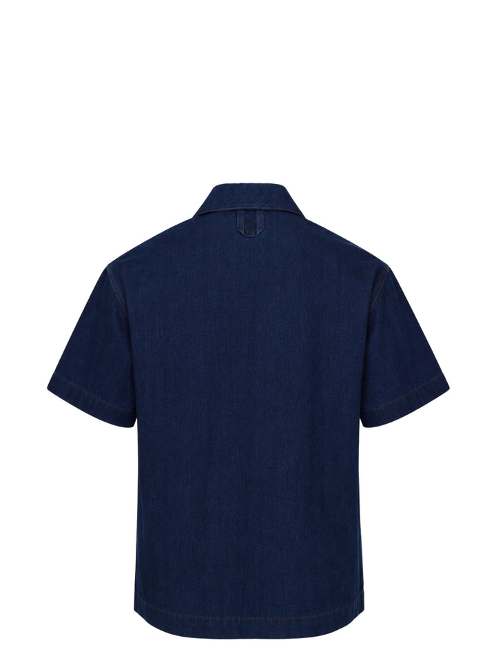 Jacquemus Denim Pyjama Shirt in dark indigo with camp collar, short sleeves, button front and embroidered chest pocket - view 2