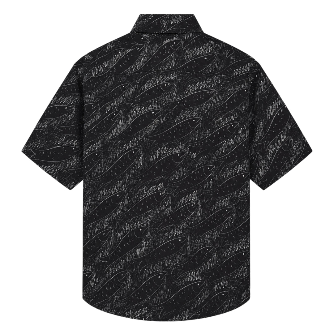 Jacquemus La Chemise Rio short sleeve shirt in black with an all-over white hand-drawn fish print and mother-of-pearl button fastening - view 2