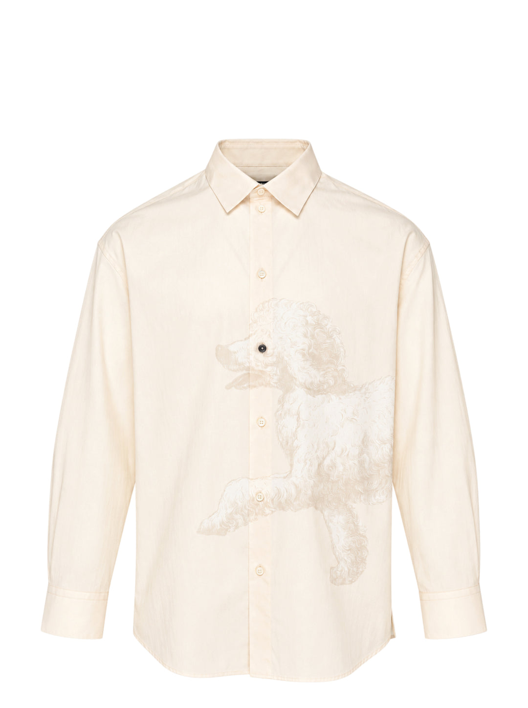 Jacquemus Pisco long sleeve cream shirt with an oversized tonal poodle print and a contrast dark button at the eye