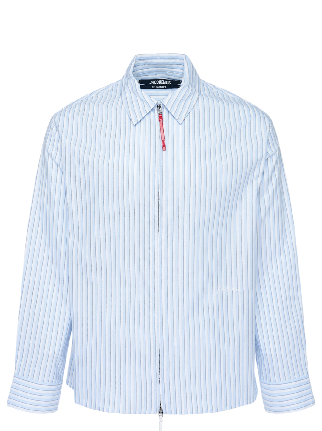 Jacquemus La Chemise Flash light blue and white striped zip-front shirt with red leather zip pull and pointed collar