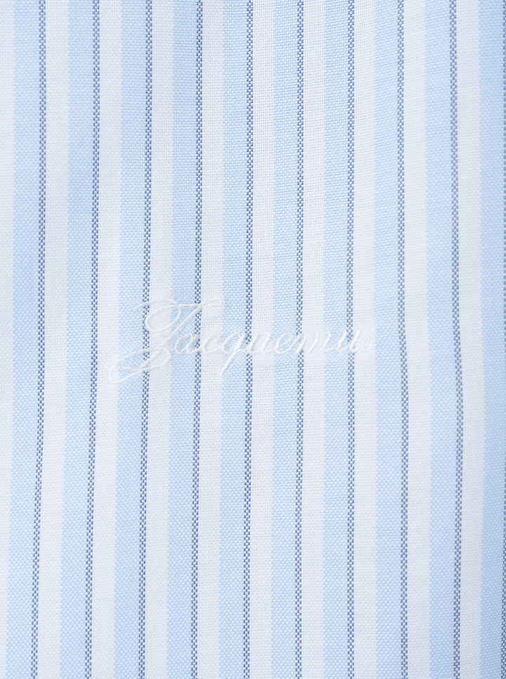 Jacquemus La Chemise Flash light blue and white striped zip-front shirt with red leather zip pull and pointed collar - view 3