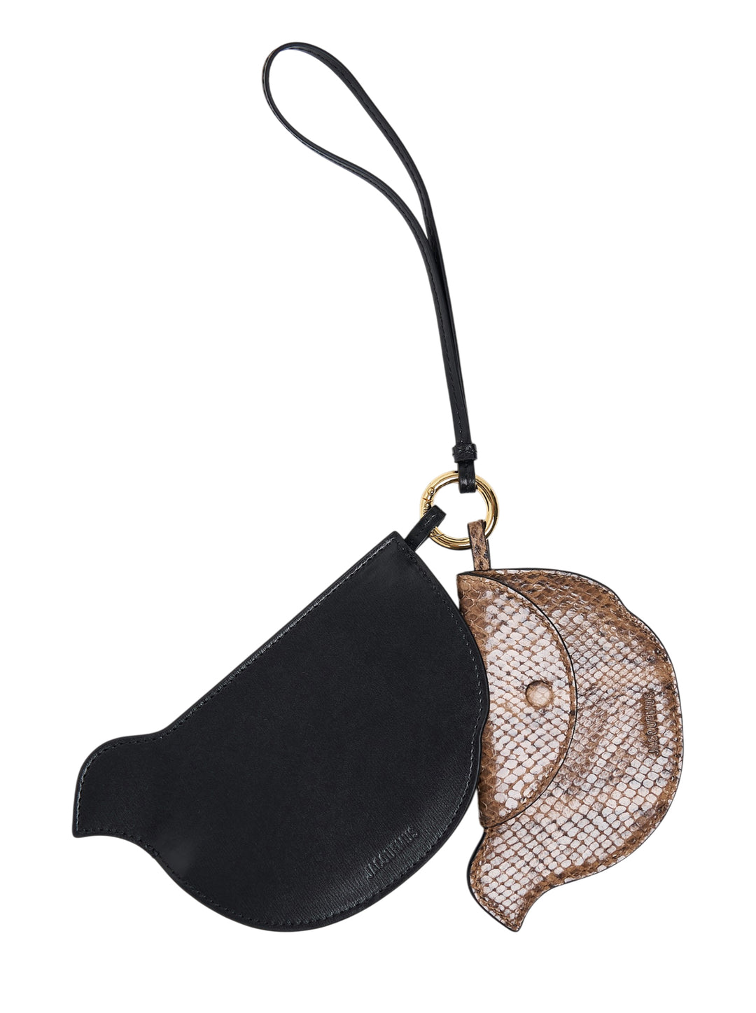 Jacquemus Les Poussins pair of bird-shaped coin pouches in black leather and snake-effect leather, joined by a gold-tone clasp and black wrist strap