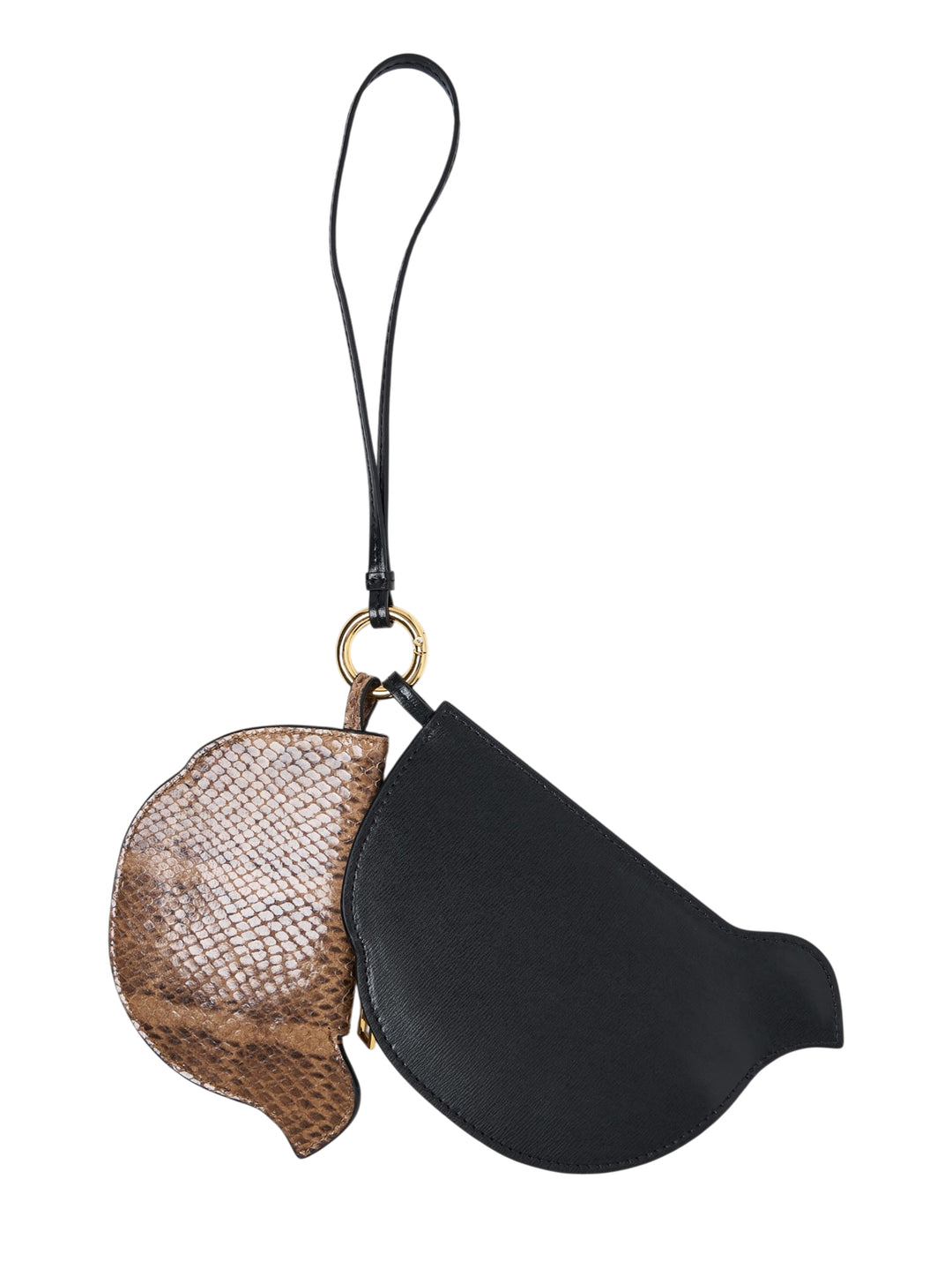 Jacquemus Les Poussins pair of bird-shaped coin pouches in black leather and snake-effect leather, joined by a gold-tone clasp and black wrist strap - view 2