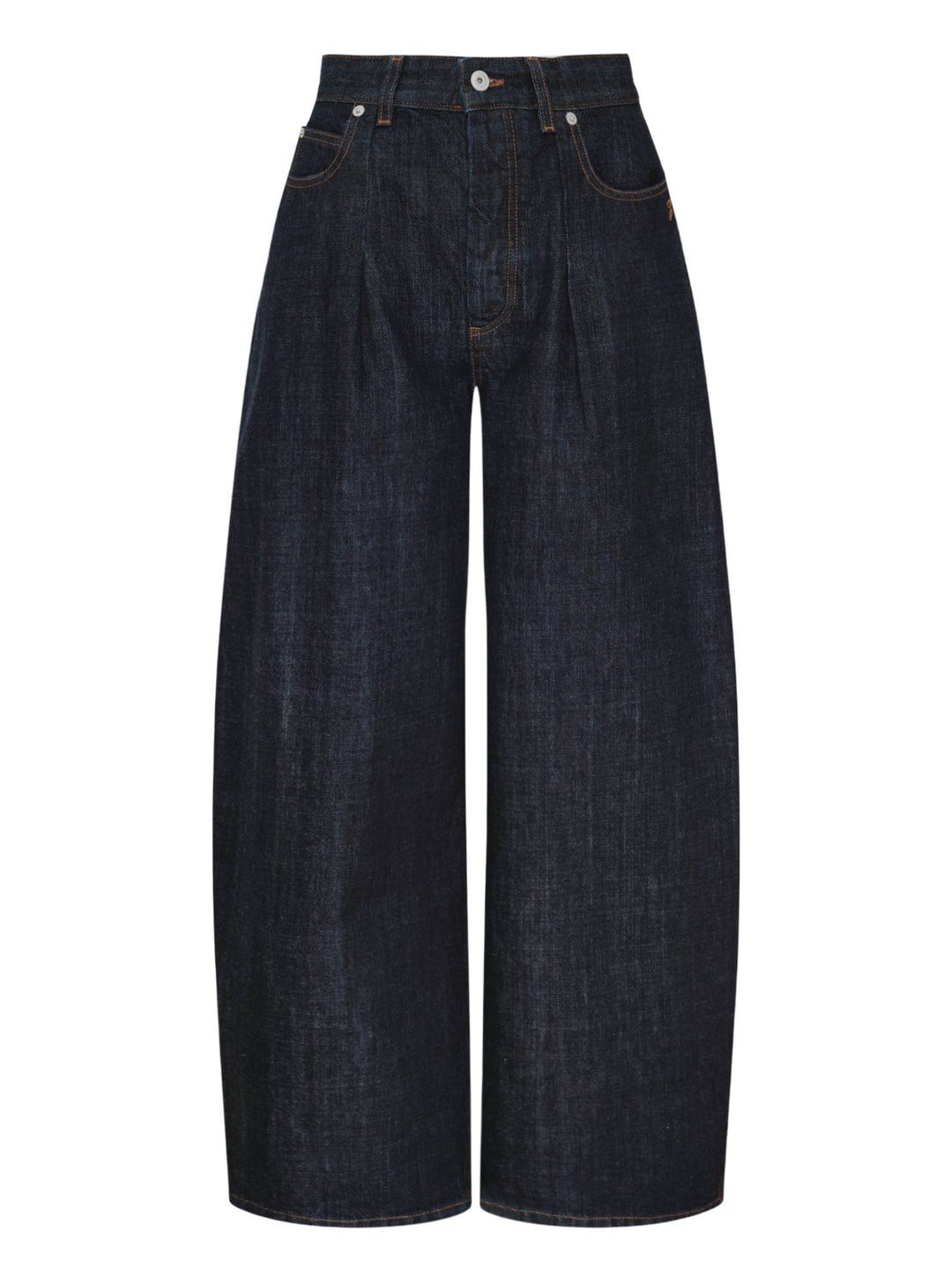 Jacquemus Le De-Nîmes Ovalo jeans in dark indigo denim with a curved barrel leg, front pleats and contrast topstitching