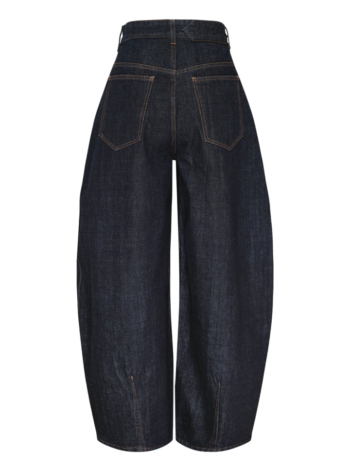 Jacquemus Le De-Nîmes Ovalo jeans in dark indigo denim with a curved barrel leg, front pleats and contrast topstitching - view 2