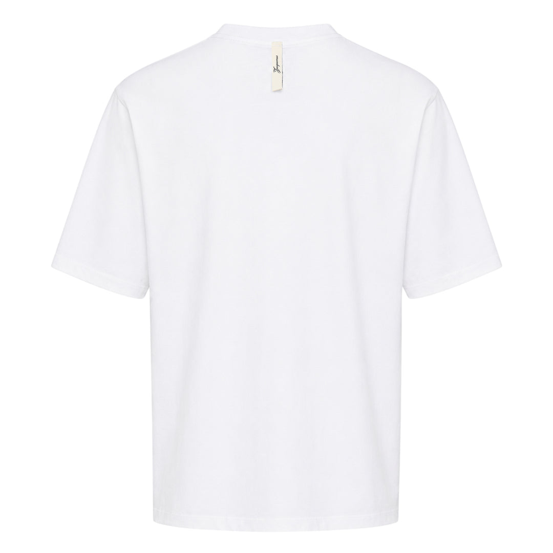 Jacquemus white oversized crew neck tee with distressed cursive Jacquemus script logo print across the chest - view 2